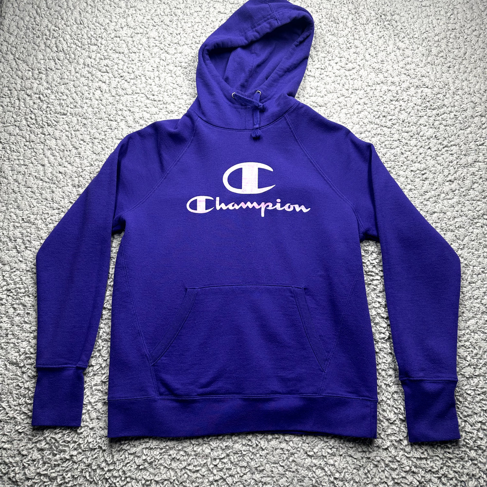Champion Hoodie Womens Medium Purple Spellout Logo Girl Core Classic Heavy